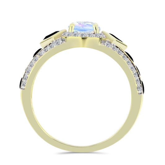 Pierścionek srebrny pozłacany z tęczowym kamieniem księżycowym i czarnym spinelem