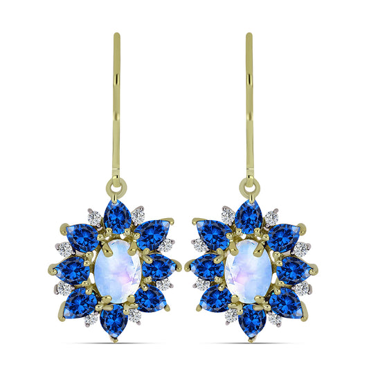 Kolczyki srebrne pozłacane z tęczowym kamieniem księżycowym i australijskim niebieskim szafirem