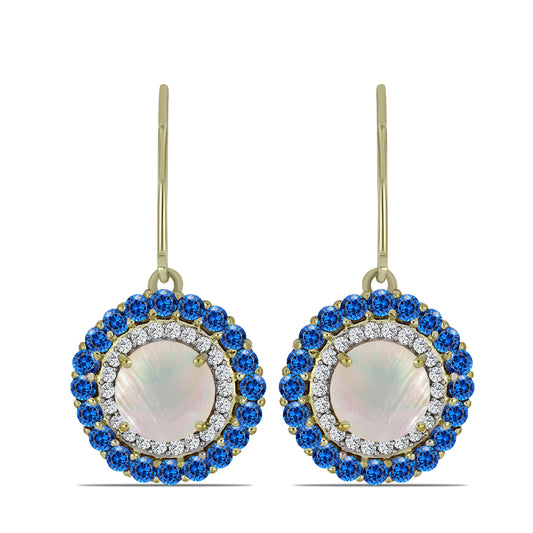 Kolczyki srebrne pozłacane z tęczowym kamieniem księżycowym i australijskim niebieskim szafirem