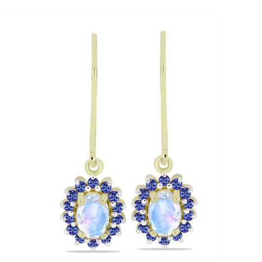 Kolczyki srebrne pozłacane z tęczowym kamieniem księżycowym i tanzanitem