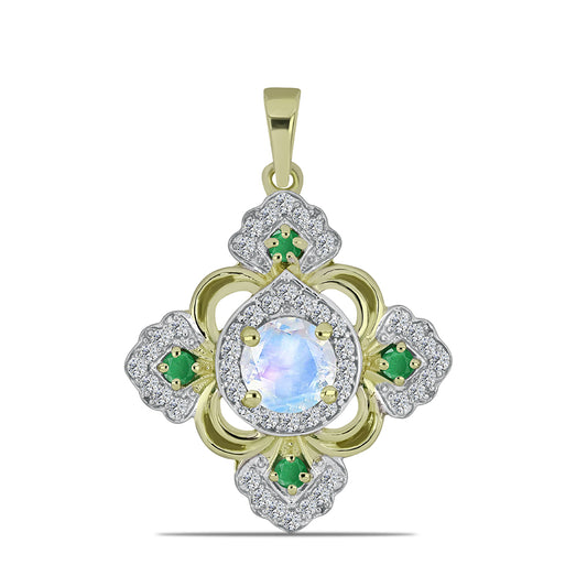 Zawieszka srebrna pozłacana z tęczowym kamieniem księżycowym i brazylijskim szmaragdem