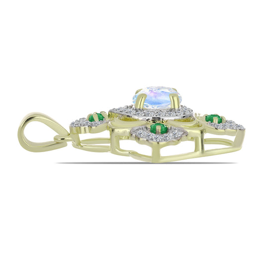 Zawieszka srebrna pozłacana z tęczowym kamieniem księżycowym i brazylijskim szmaragdem