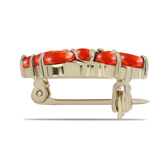 Broszka srebrny pozłacany z czerwoną gąbką koralową