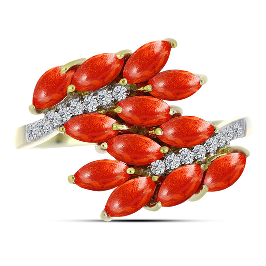 Pierścionek srebrny pozłacany z czerwoną gąbką koralową i białym topazem