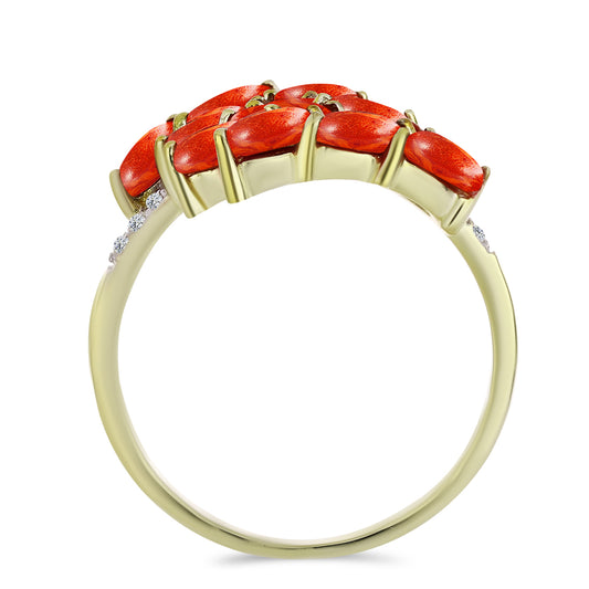 Pierścionek srebrny pozłacany z czerwoną gąbką koralową i białym topazem