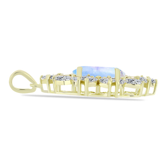 Zawieszka srebrna pozłacana z tęczowym kamieniem księżycowym i białym cyrkonem