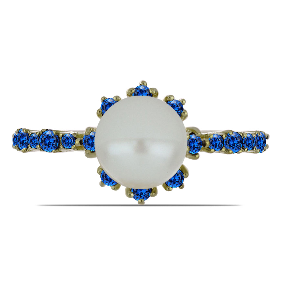 Pierścionek srebrny pozłacany z białą perłą słodkowodną i australijskim niebieskim szafirem 1 