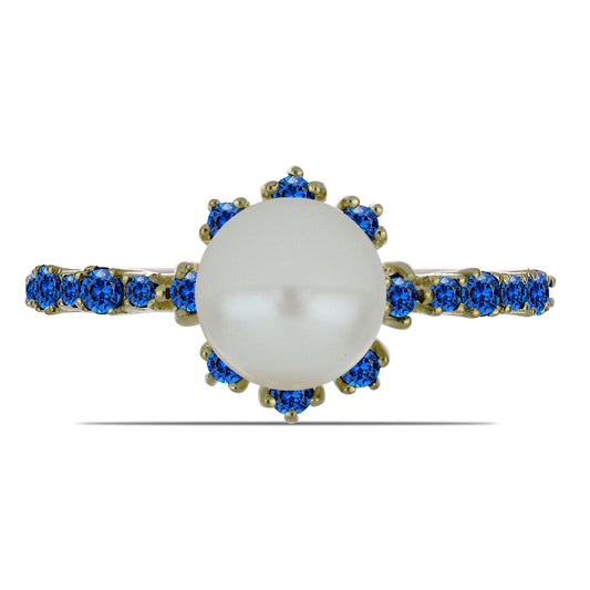 Pierścionek srebrny pozłacany z białą perłą słodkowodną i australijskim niebieskim szafirem