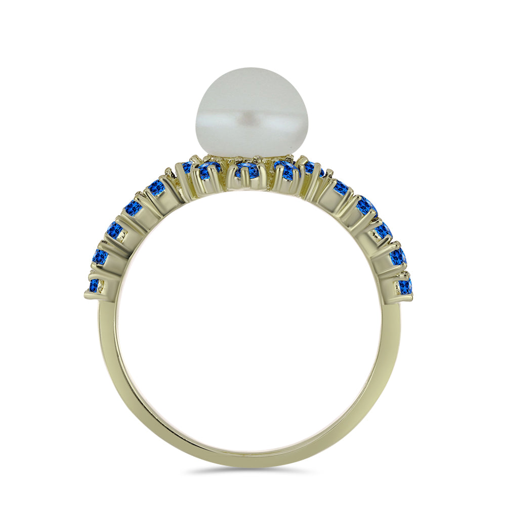 Pierścionek srebrny pozłacany z białą perłą słodkowodną i australijskim niebieskim szafirem 2 