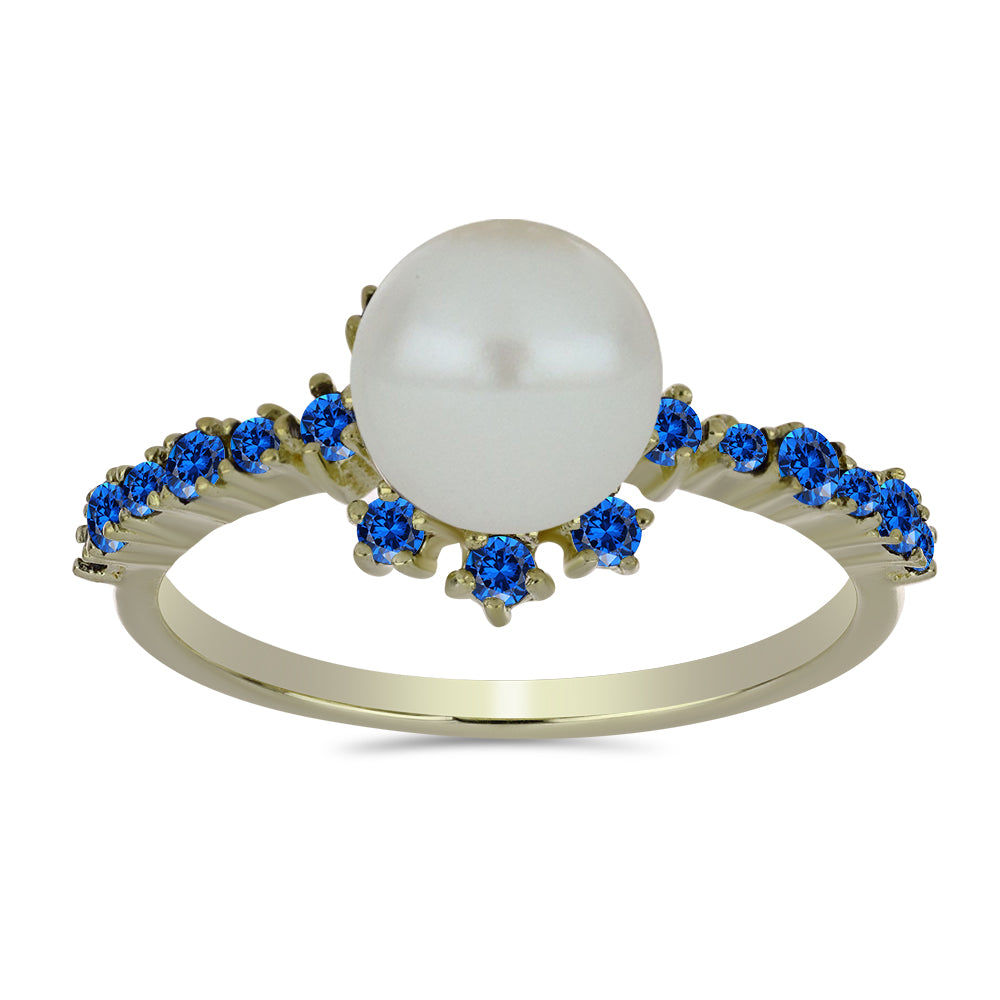 Pierścionek srebrny pozłacany z białą perłą słodkowodną i australijskim niebieskim szafirem