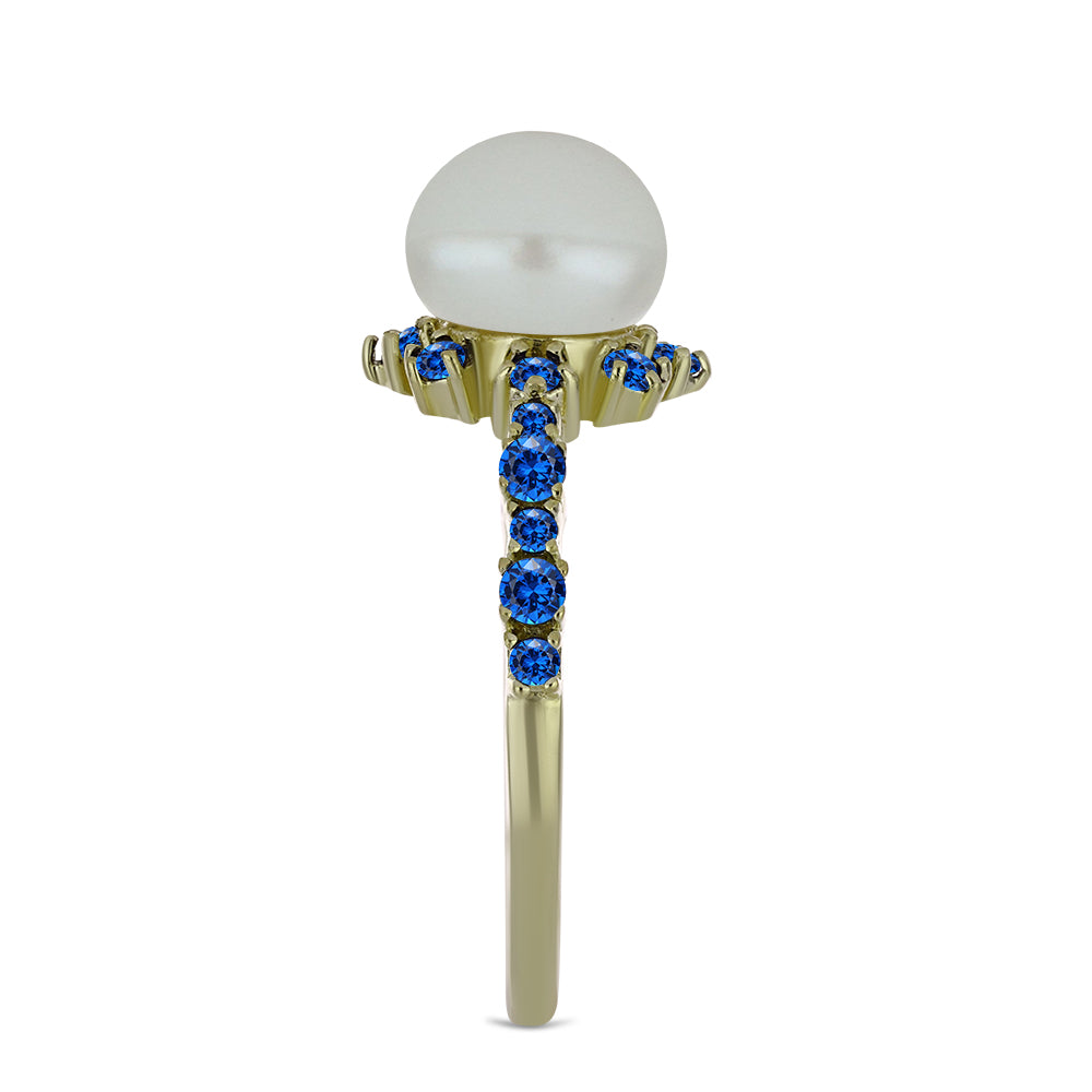 Pierścionek srebrny pozłacany z białą perłą słodkowodną i australijskim niebieskim szafirem 4 