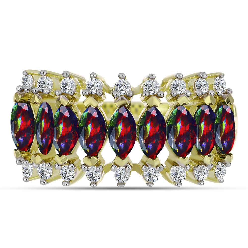 Pierścionek srebrny pozłacany z czarnym etiopskim opalem Lega Dembi i białym topazem