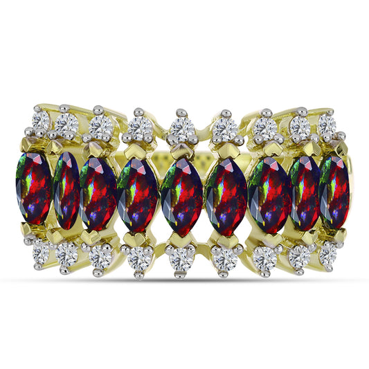 Pierścionek srebrny pozłacany z czarnym etiopskim opalem Lega Dembi i białym topazem