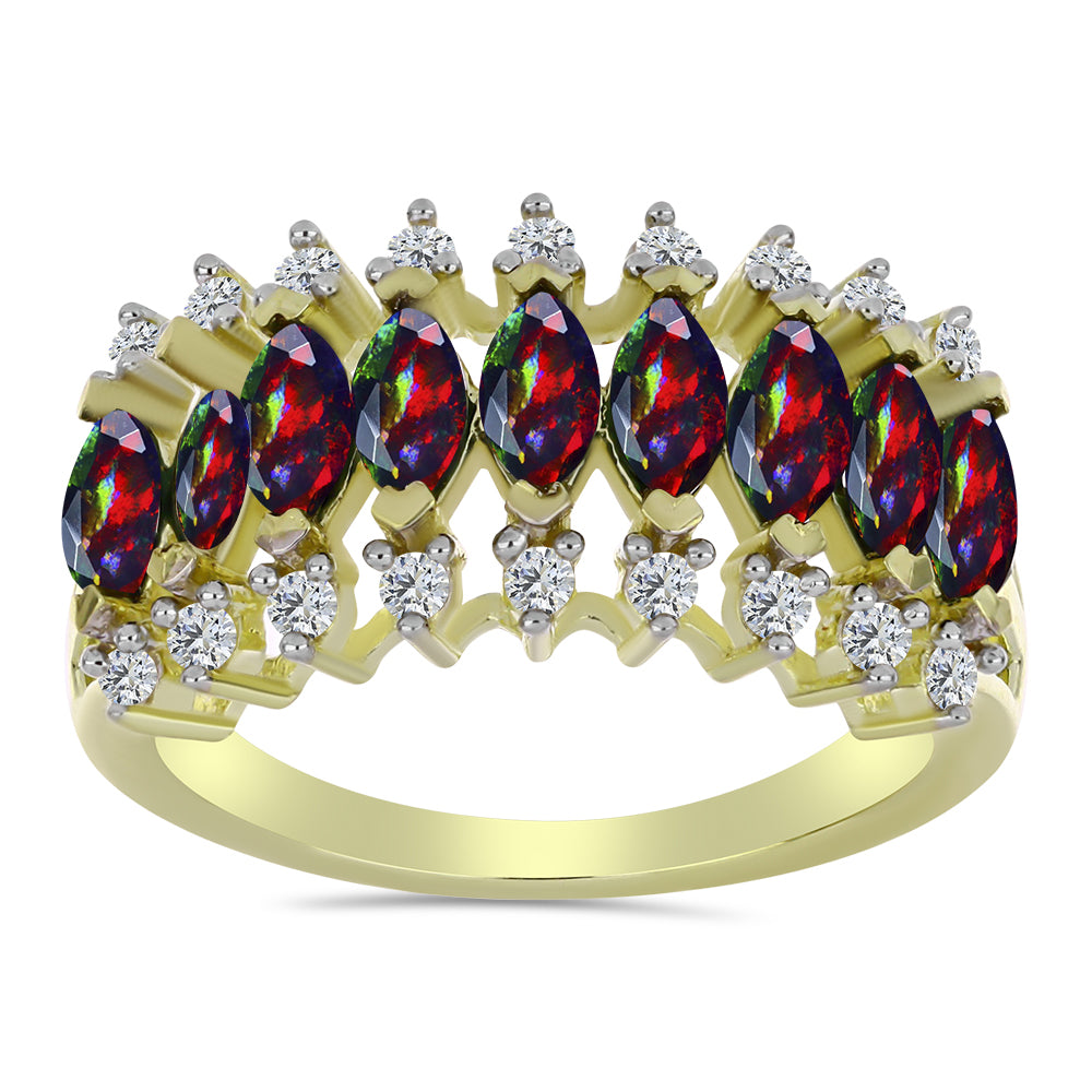 Pierścionek srebrny pozłacany z czarnym etiopskim opalem Lega Dembi i białym topazem