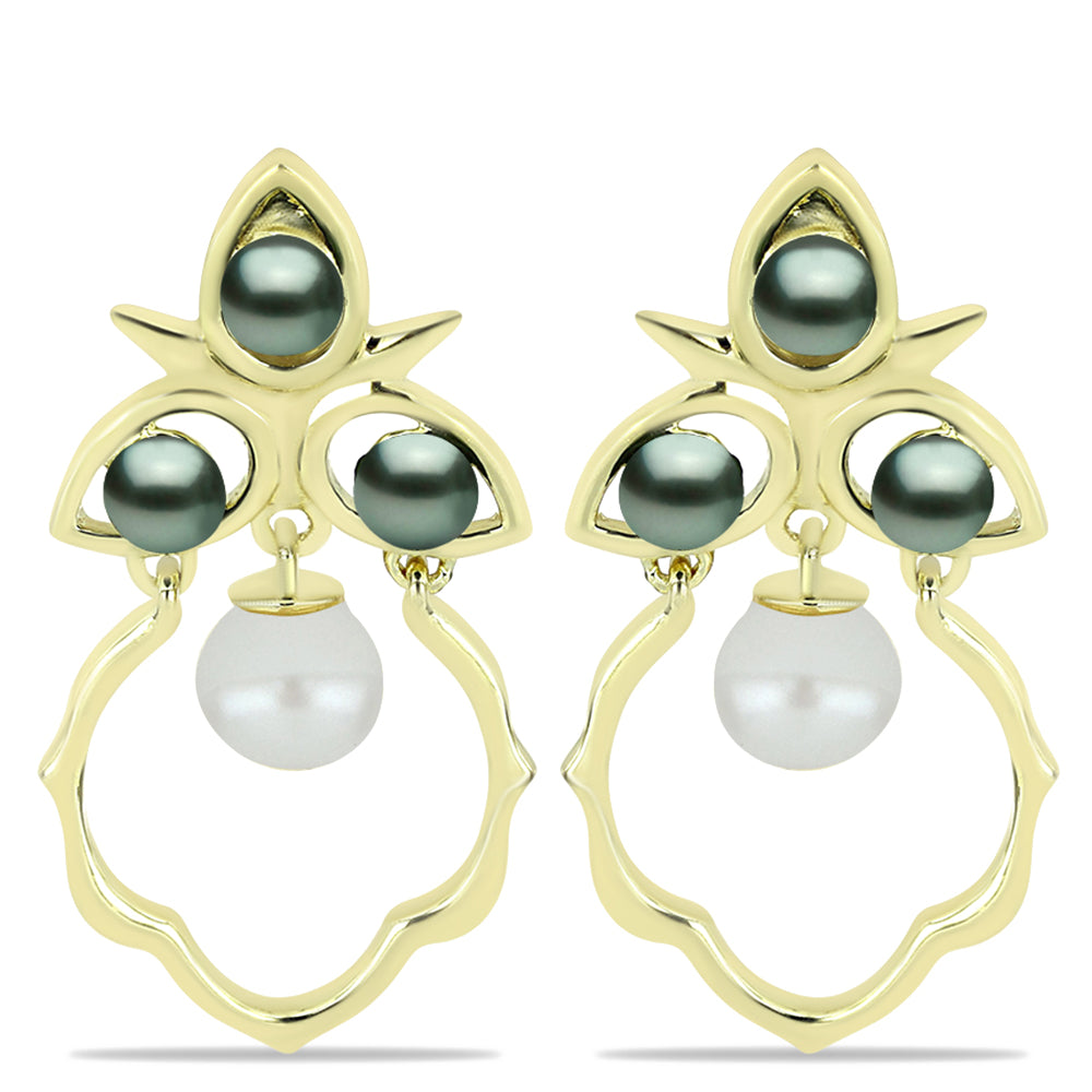 Kolczyki srebrne pozłacane z perłą słodkowodną jak Tahitiańska Zielona Iluzja i perłą hodowlaną