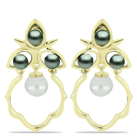 Kolczyki srebrne pozłacane z perłą słodkowodną jak Tahitiańska Zielona Iluzja i perłą hodowlaną