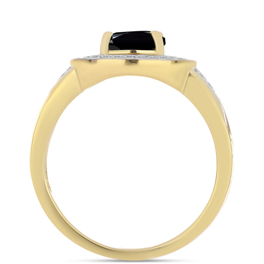 Pierścionek srebrny pozłacany z czarnym onyksem i białym topazem