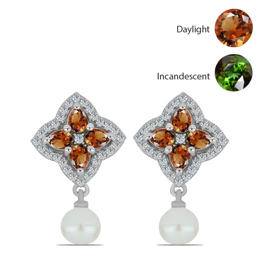 Kolczyki ze srebra próbe 925 z certyfikowanym anatolijskim zultanitem hodowanym w laboratorium i białą perłą słodkowodną