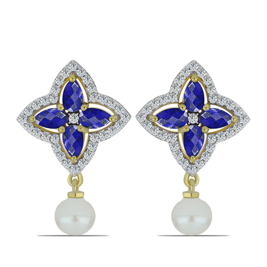 Kolczyki srebrne pozłacane z lapisem lazuli i białą perłą słodkowodną