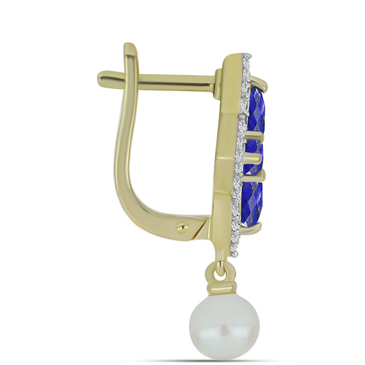 Kolczyki srebrne pozłacane z lapisem lazuli i białą perłą słodkowodną