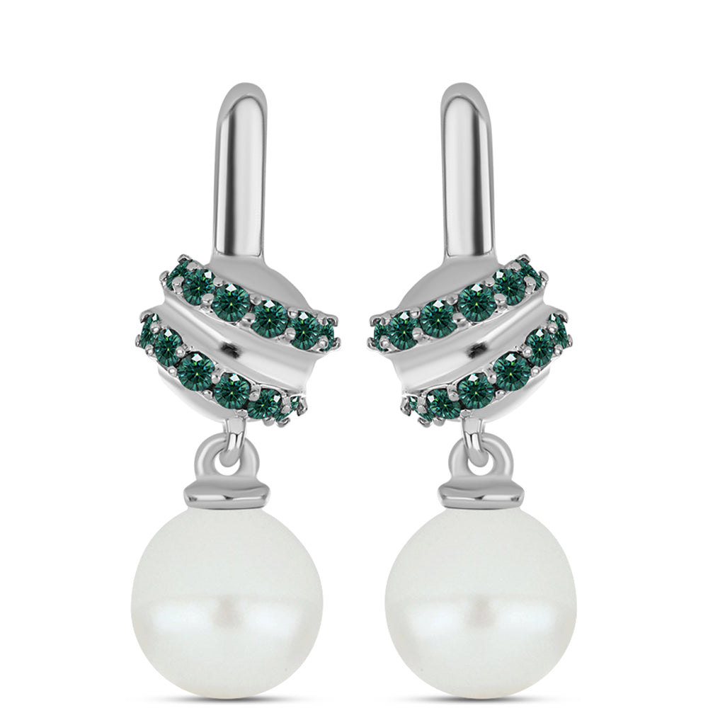Kolczyki ze srebra próbe 925 z zielononiebieskim Mossanitem i białą perłą słodkowodną