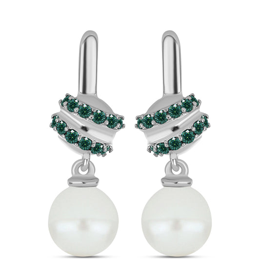 Kolczyki ze srebra próbe 925 z zielononiebieskim Mossanitem i białą perłą słodkowodną
