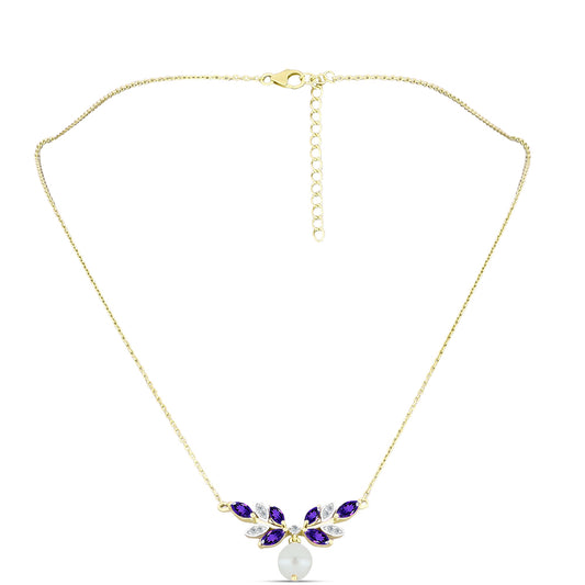 Naszyjnik srebrny pozłacany z marokańskim ametystem i białą perłą słodkowodną