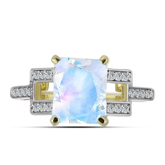 Pierścionek srebrny pozłacany z tęczowym kamieniem księżycowym i białym topazem