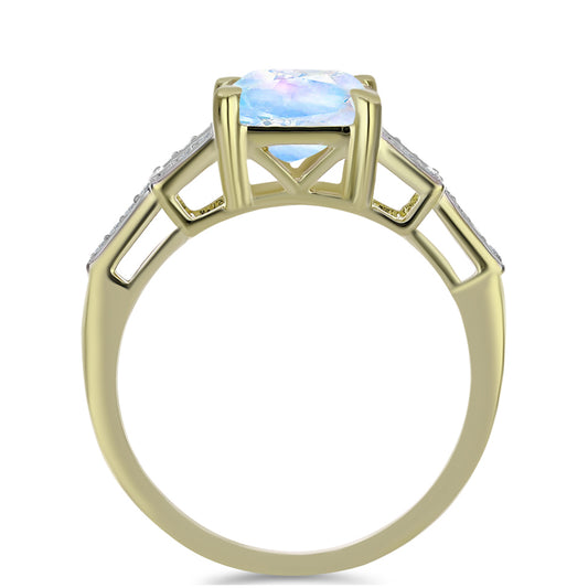 Pierścionek srebrny pozłacany z tęczowym kamieniem księżycowym i białym topazem