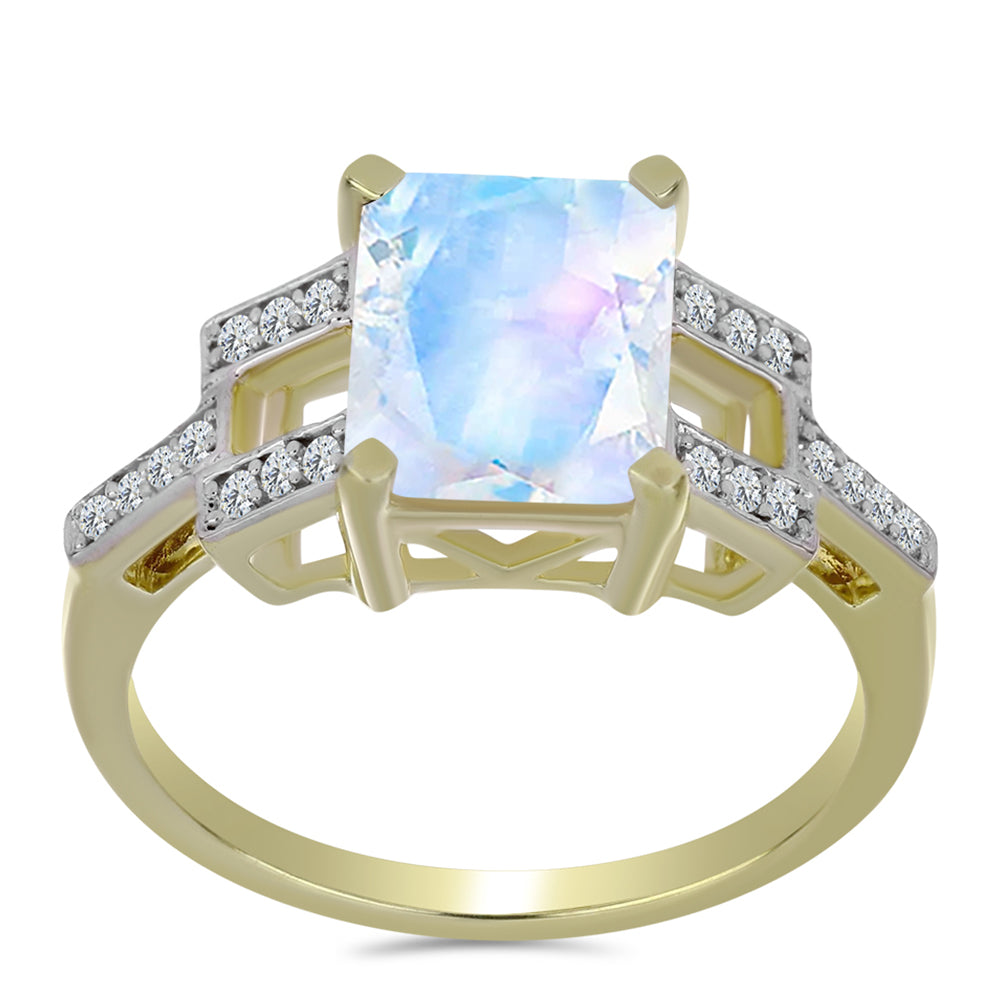 Pierścionek srebrny pozłacany z tęczowym kamieniem księżycowym i białym topazem