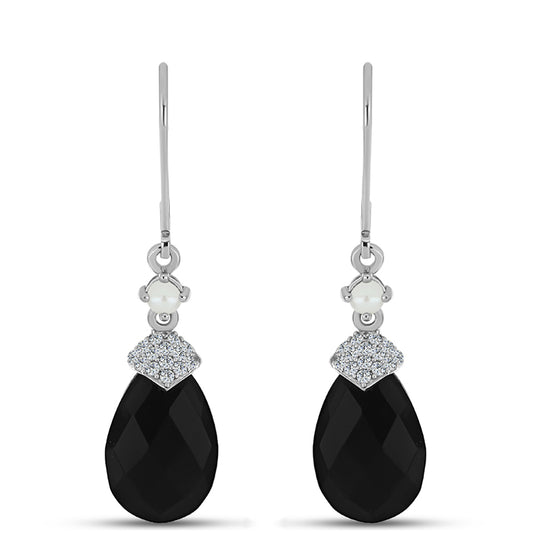 Kolczyki ze srebra próbe 925 z obsidianem i białą perłą słodkowodną