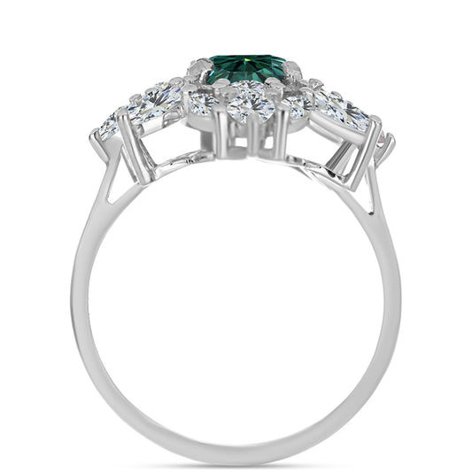 Pierścionek ze srebra próby 925 z zielononiebieskim Mossanitem i białym topazem