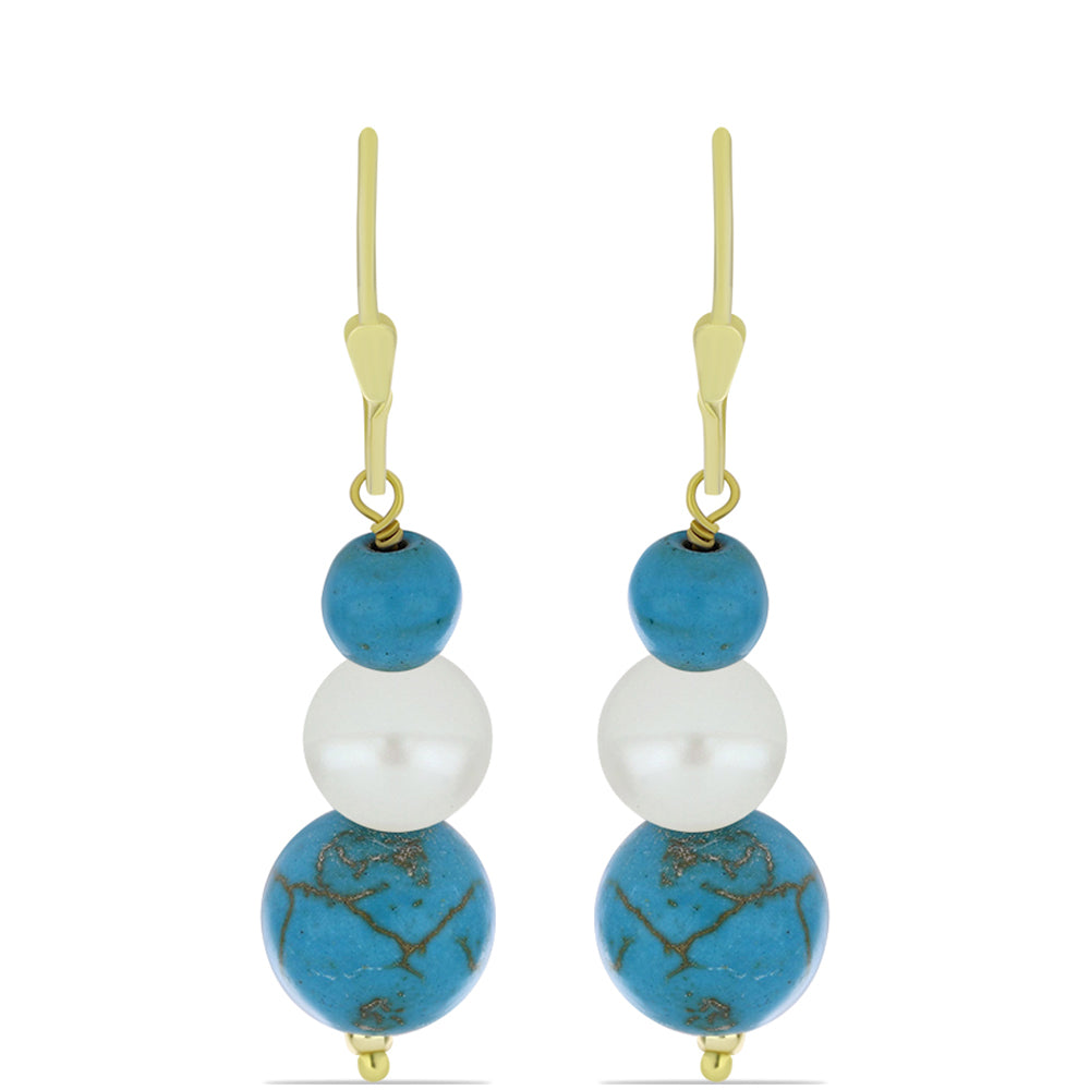 Kolczyki srebrne pozłacane z niebieskim turkusem i białą perłą słodkowodną 1 