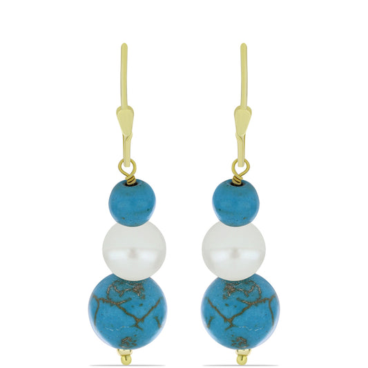 Kolczyki srebrne pozłacane z niebieskim turkusem i białą perłą słodkowodną