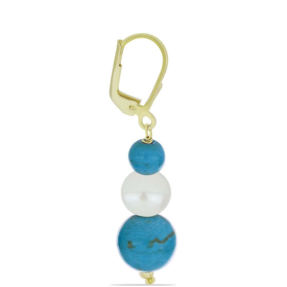Kolczyki srebrne pozłacane z niebieskim turkusem i białą perłą słodkowodną 2 