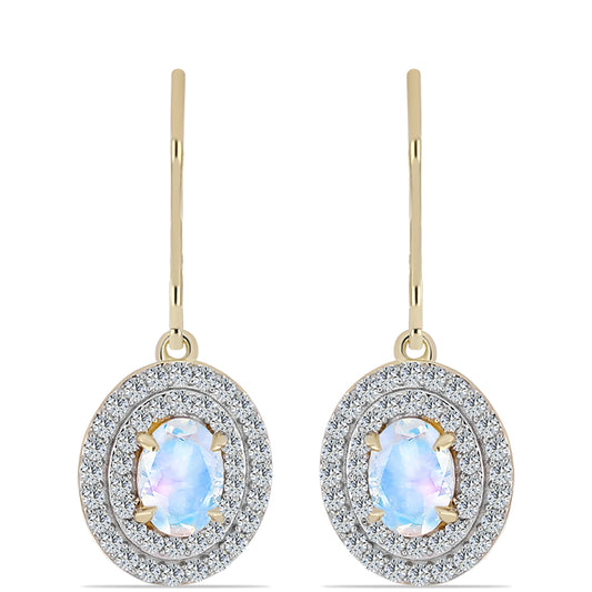 Kolczyki srebrne pozłacane z tęczowym kamieniem księżycowym i białym topazem