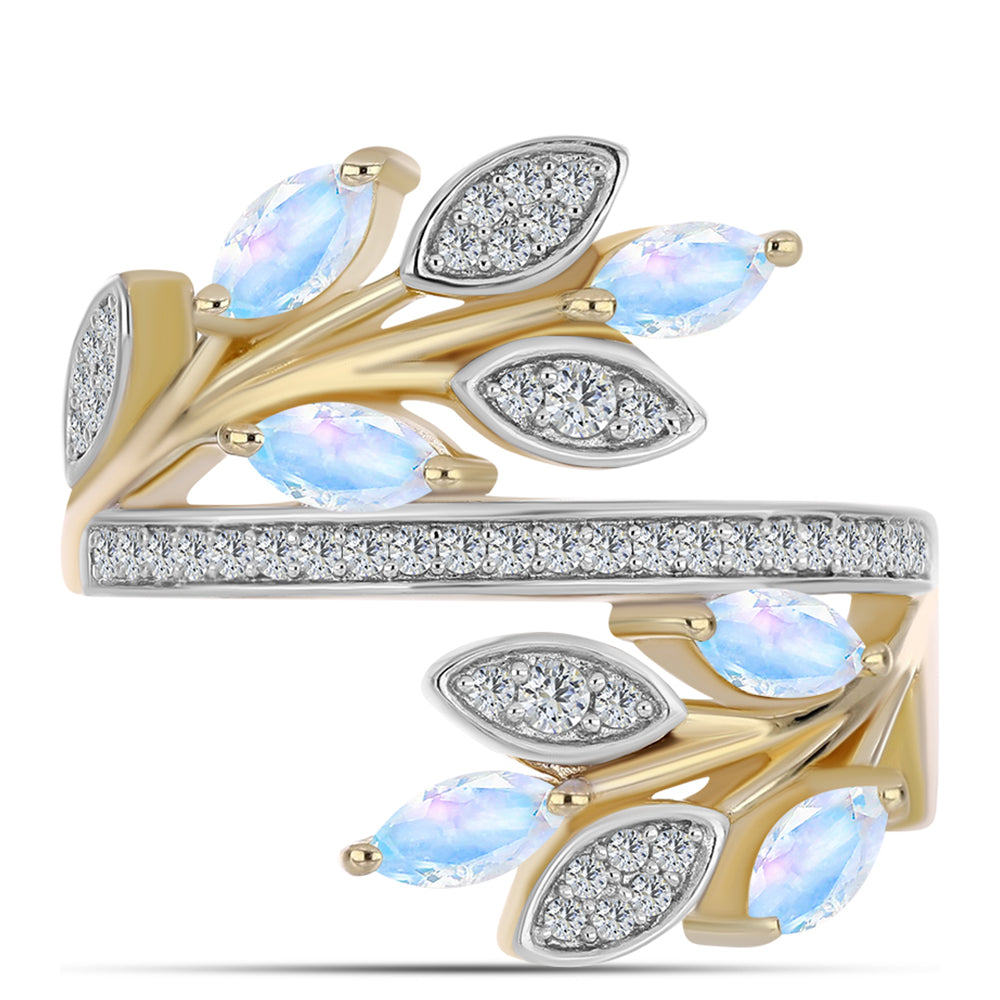 Pierścionek srebrny pozłacany z tęczowym kamieniem księżycowym i białym topazem