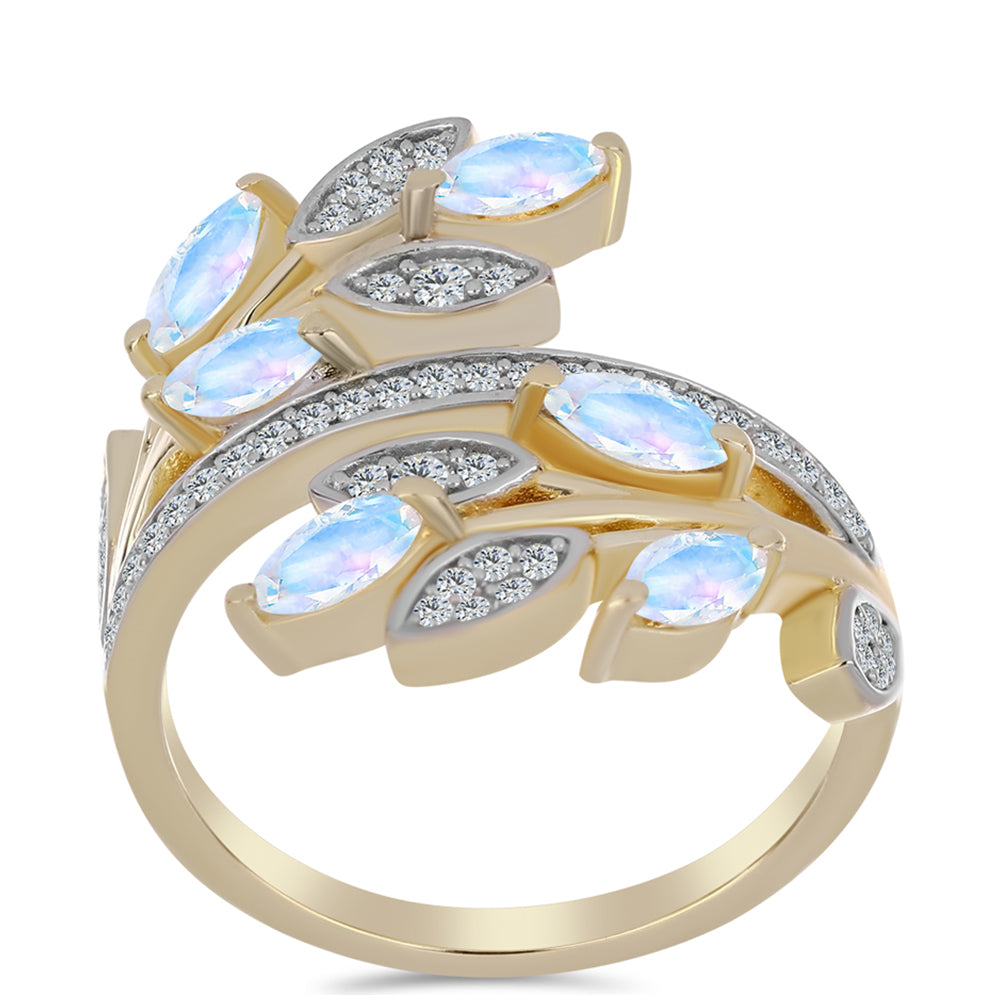 Pierścionek srebrny pozłacany z tęczowym kamieniem księżycowym i białym topazem 3 