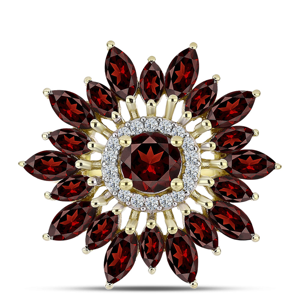 Pierścionek srebrny pozłacany z granatem i białym topazem