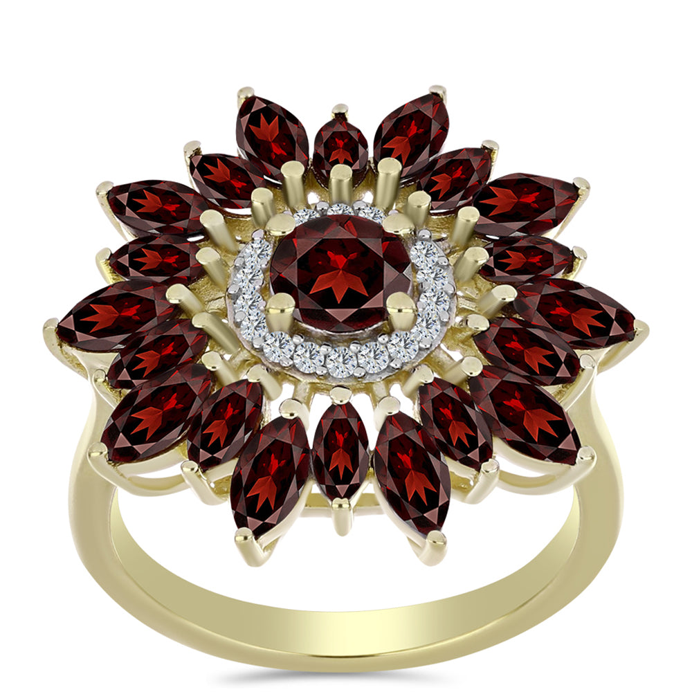 Pierścionek srebrny pozłacany z granatem i białym topazem