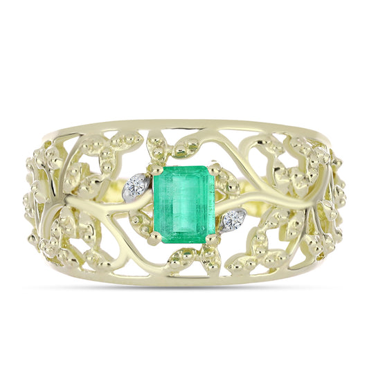 Pierścionek srebrny pozłacany z kolumbijskim szmaragdem i białym diamentem