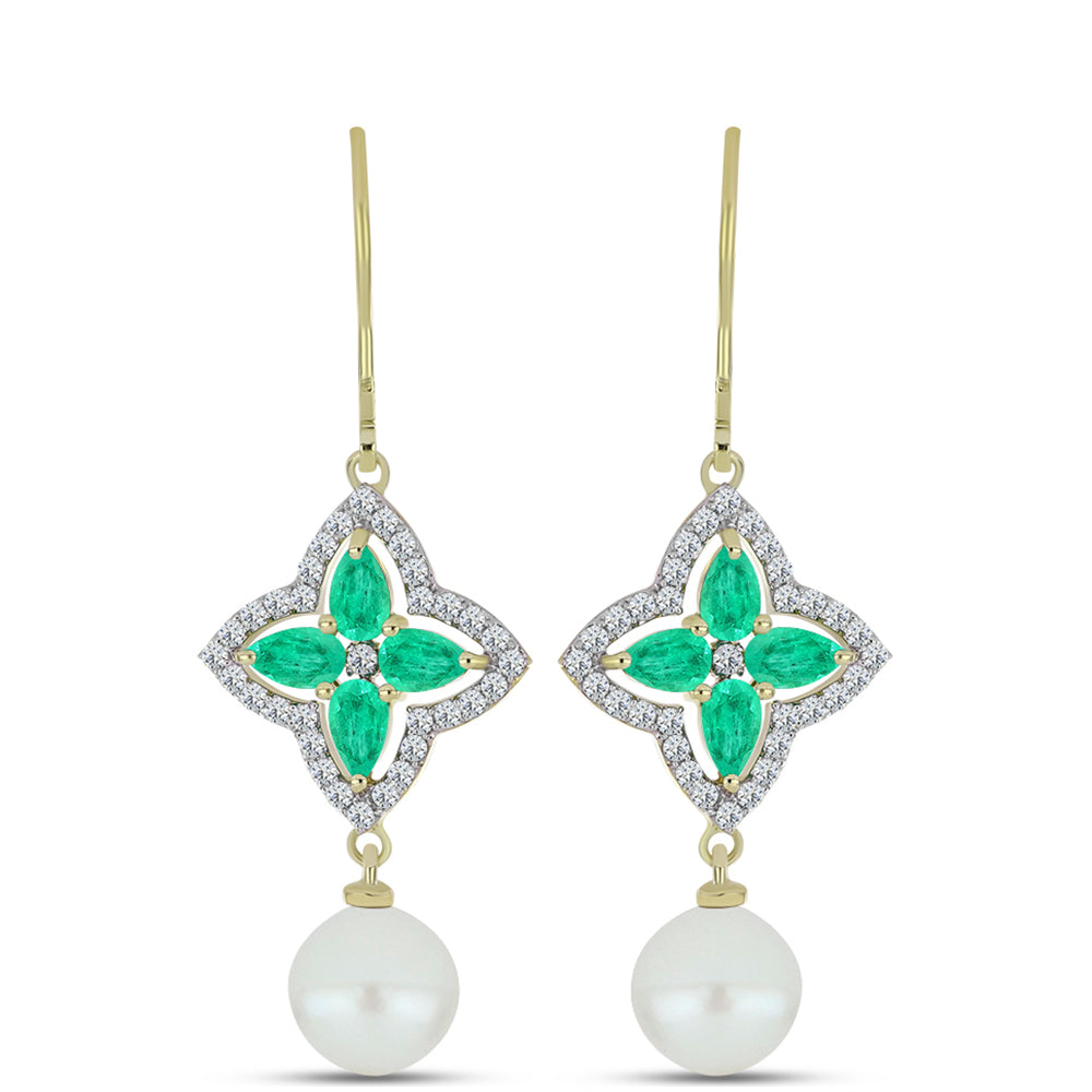 Kolczyki srebrne pozłacane z kolumbijskim szmaragdem i białą perłą słodkowodną