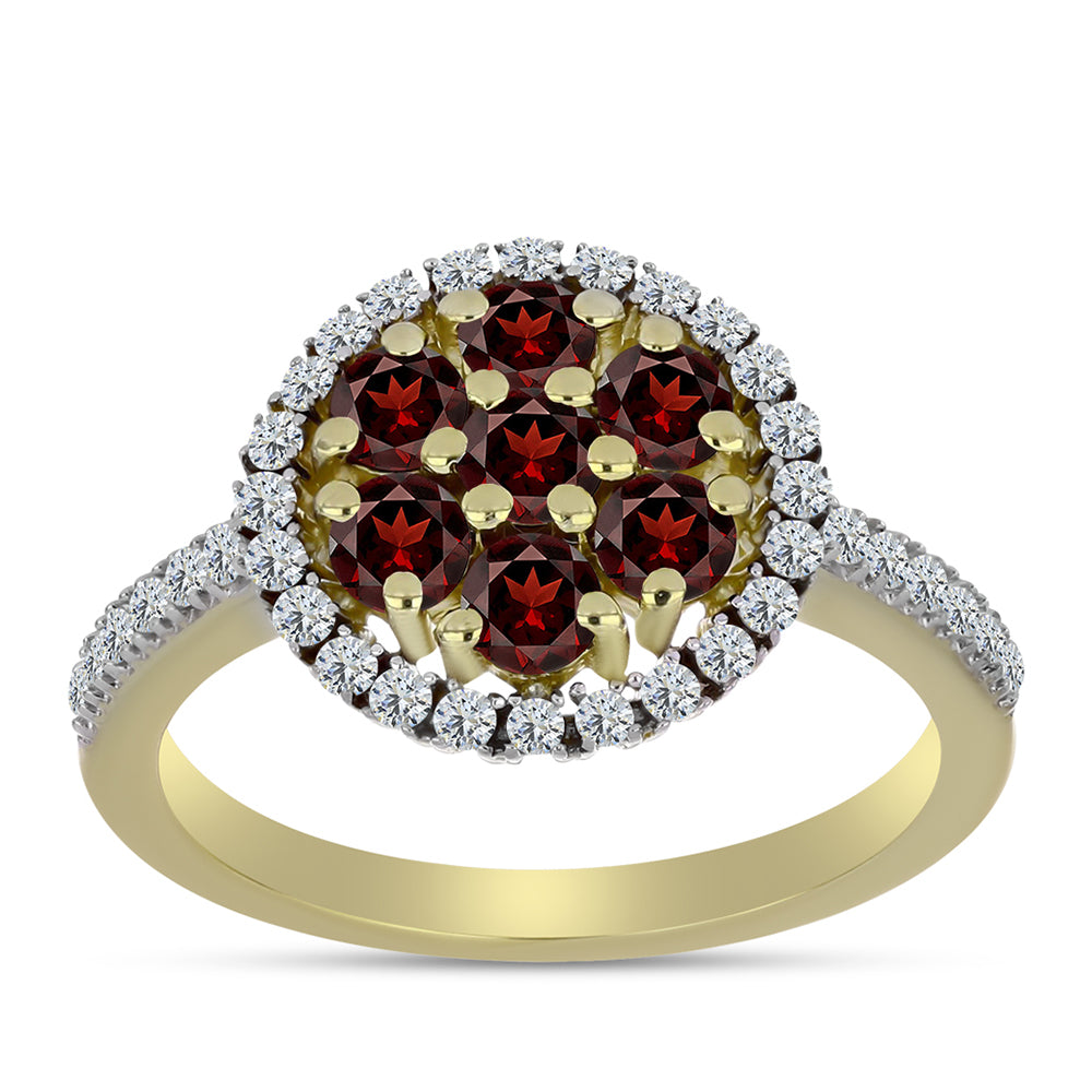 Pierścionek srebrny pozłacany z granatem i białym topazem