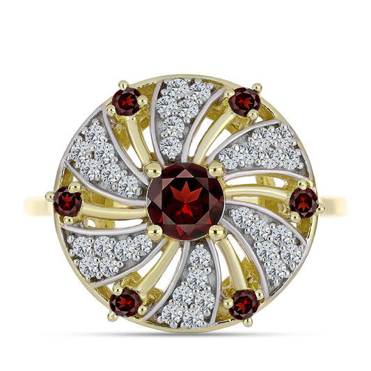 Pierścionek srebrny pozłacany z granatem i białym topazem