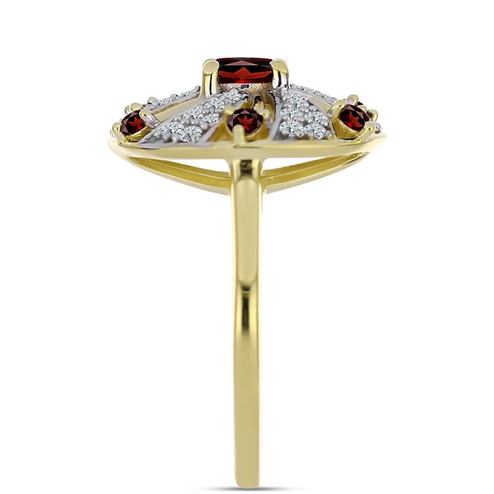 Pierścionek srebrny pozłacany z granatem i białym topazem