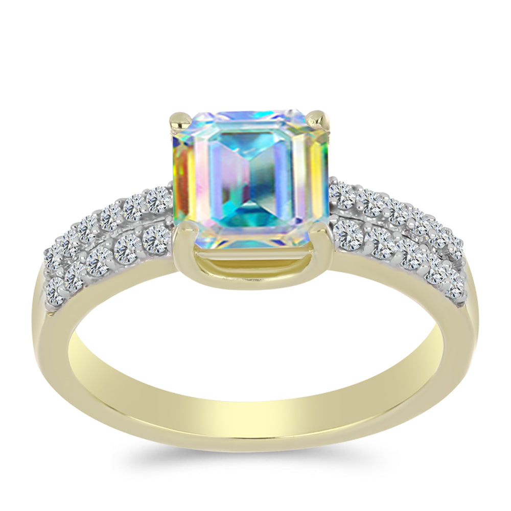 Pierścionek srebrny pozłacany z lodowym moissanitem i białym topazem