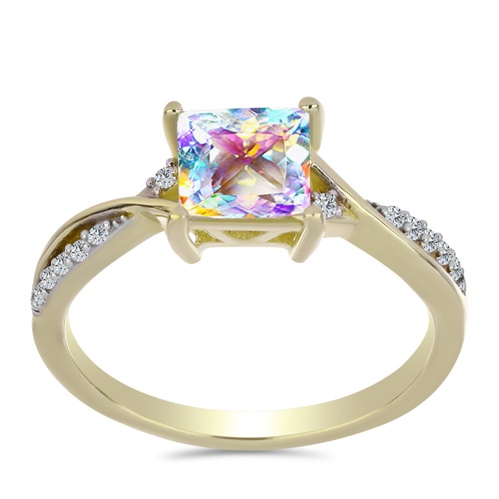 Pierścionek srebrny pozłacany z lodowym moissanitem i białym topazem