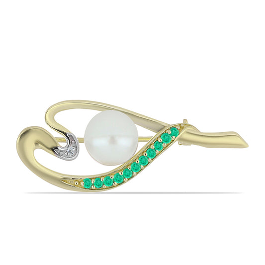 Broszka srebrny pozłacany z kolumbijskim szmaragdem i białym diamentem