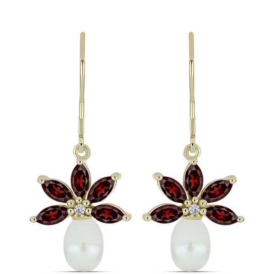 Kolczyki srebrne pozłacane z granatem i białą perłą słodkowodną