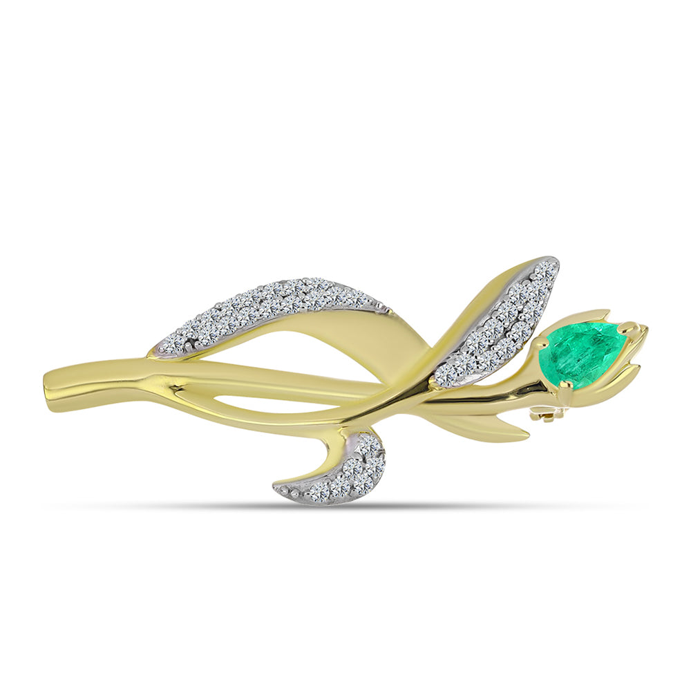 Broszka srebrny pozłacany z kolumbijskim szmaragdem i białym diamentem 1 